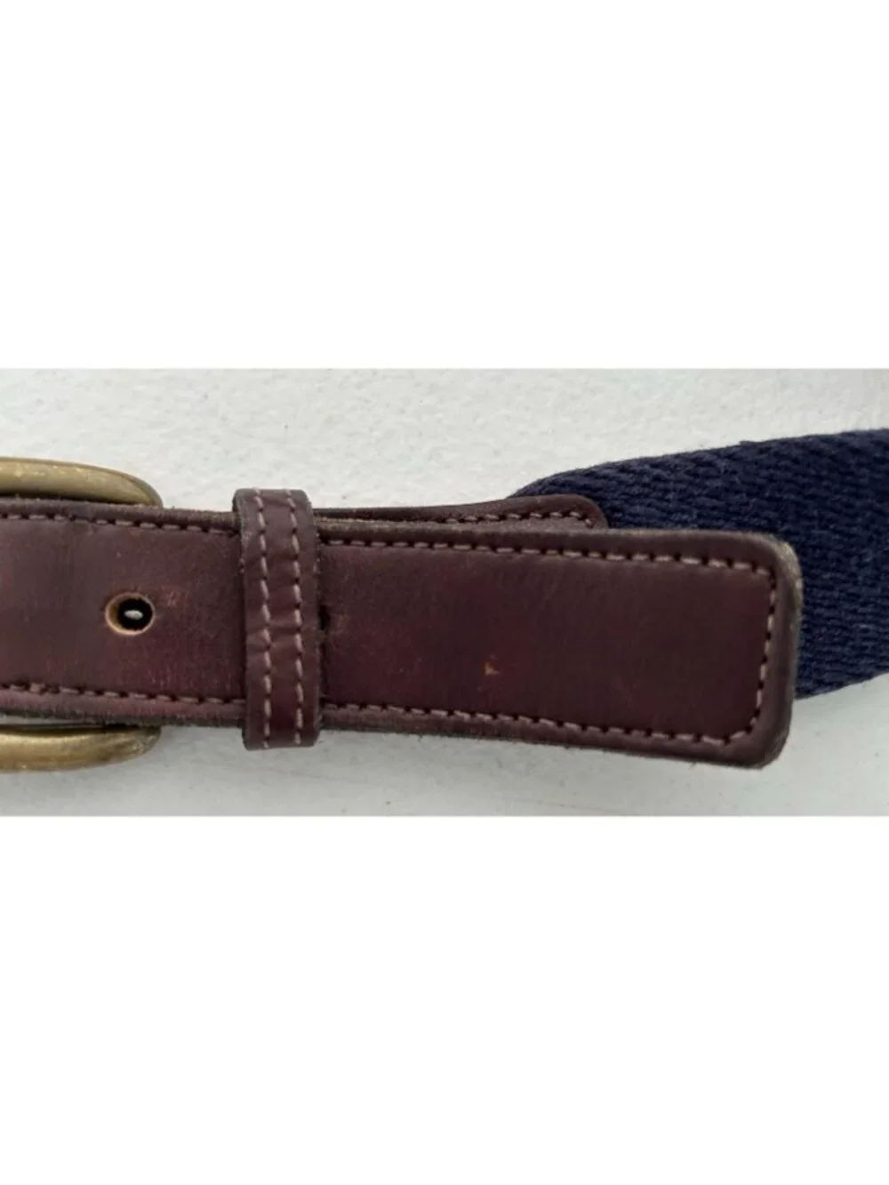 Vintage Navy Mahogany Webbed Leather Belt Netherlands Men’s Size 32 Brass Buckle